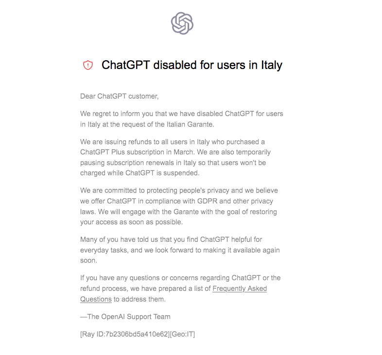 OpenAi interrompe il servizio di ChatGPT in Italia - Sigmar